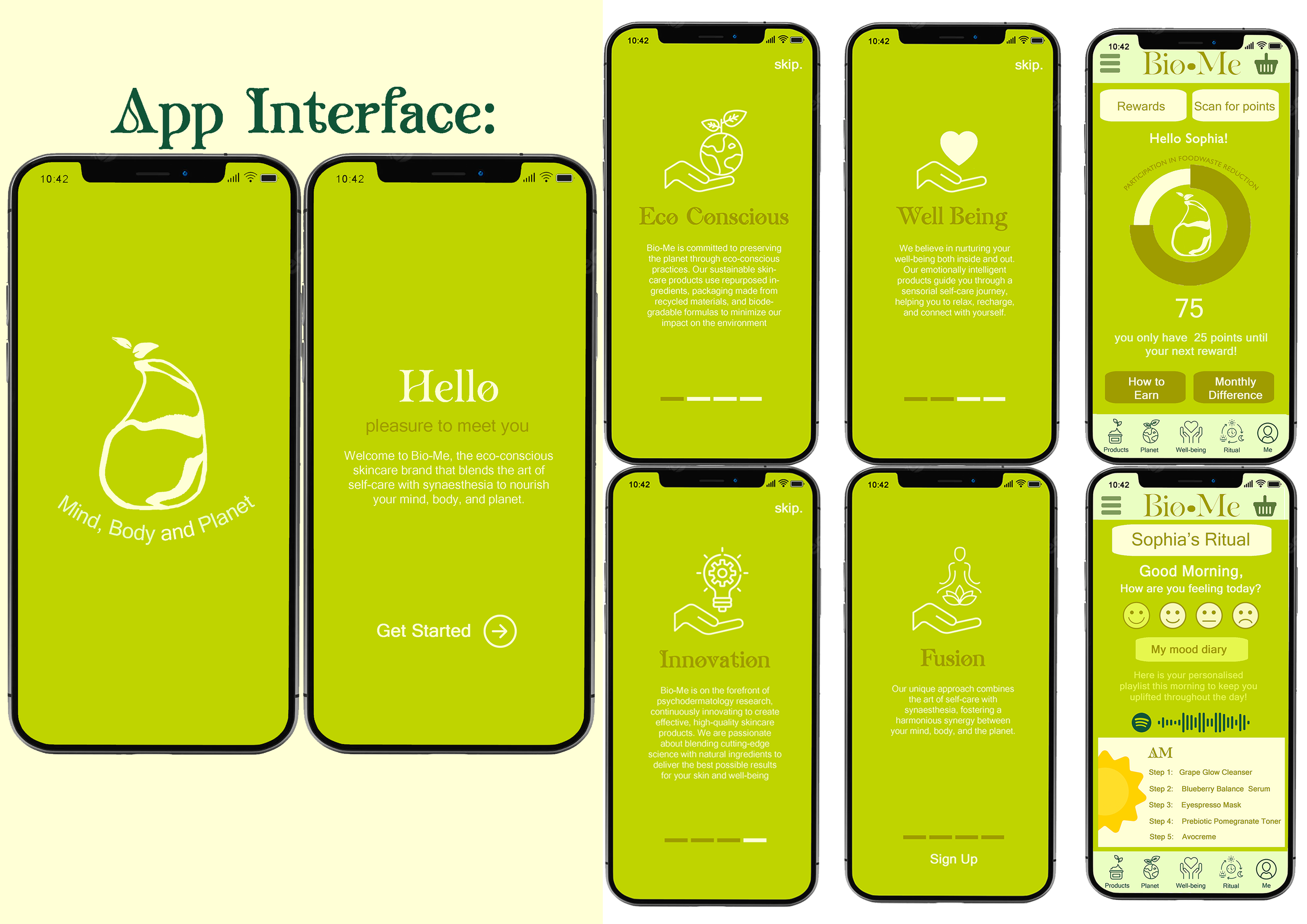 The Bio-Me app centres on clarity, engagement, and personalisation. A sign-up questionnaire tailors product recommendations based on skin health, lifestyle, and well-being. Users can track points earned from returning food waste and view their enviro