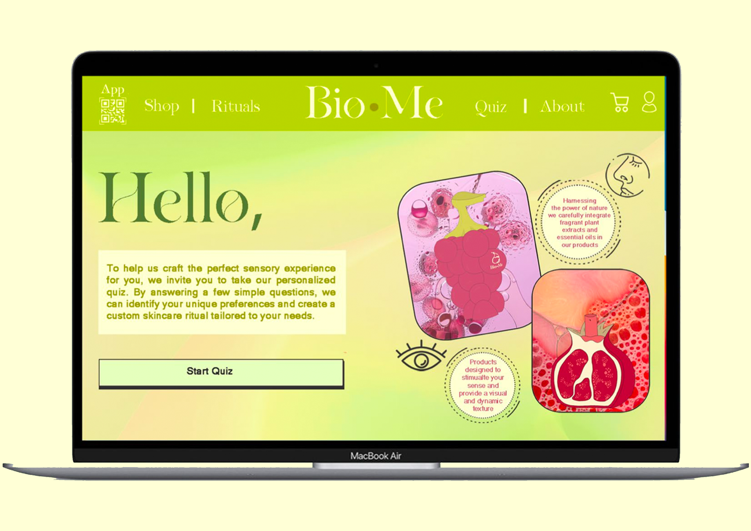 The Bio-Me website mirrors the app’s personalised approach through a guided skincare and lifestyle quiz. By collecting insights into skin concerns, diet, and mental well-being, the platform delivers tailored recommendations and educational content. I