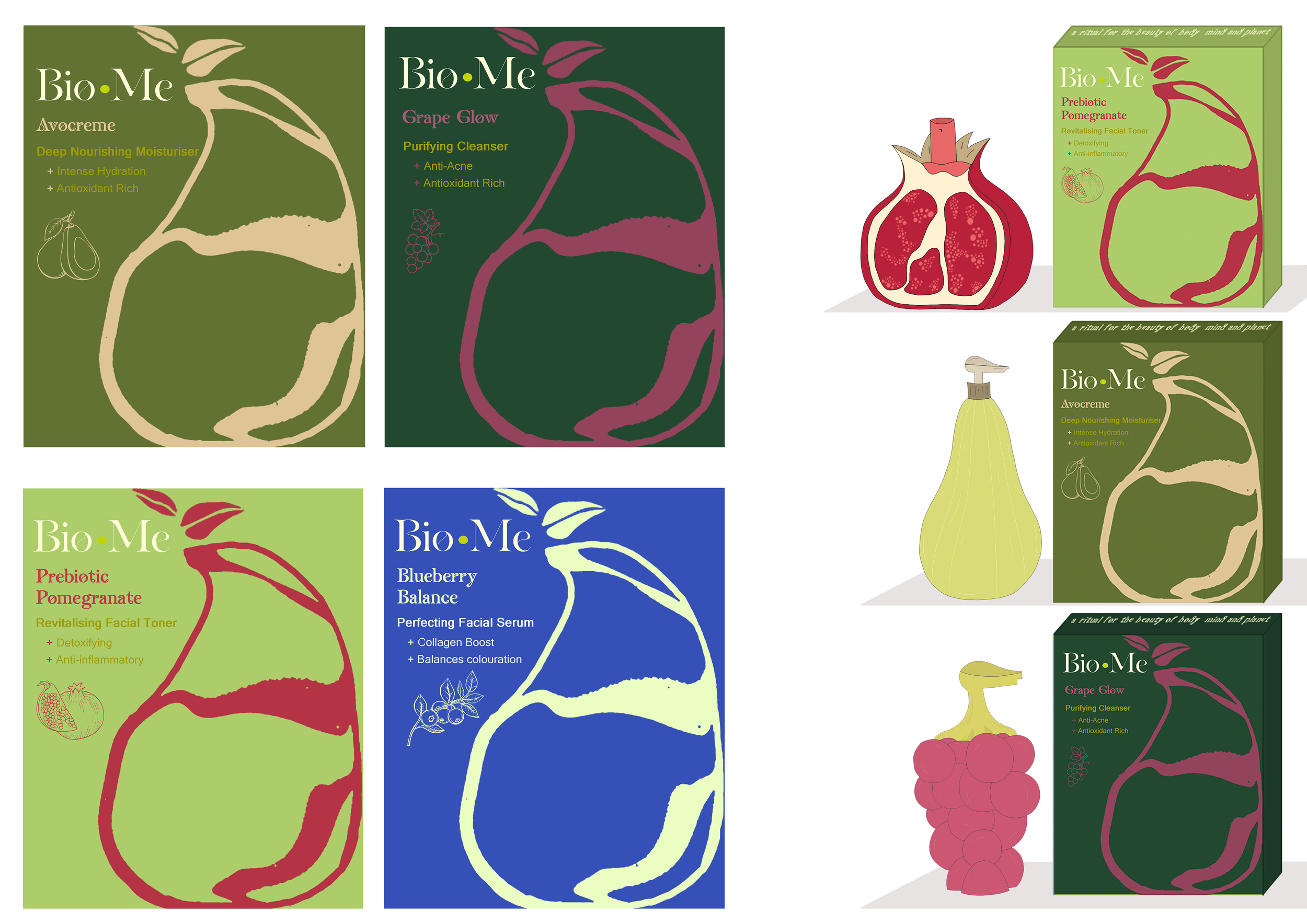 Bio-Me’s packaging was designed to create a subtle multi-sensory experience, engaging sight, touch, and scent. Each product reflects its key fruit or vegetable ingredient through colour and form, allowing consumers to recognise what’s inside immediat