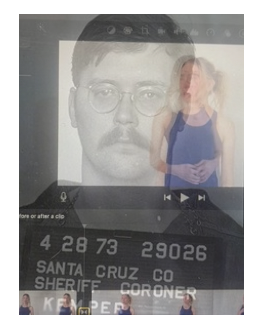 A photo of a digital screen displaying a large black and white selfie of a man with glasses and a mustache, overlaid with a semi-transparent image of a woman with blonde hair wearing a blue dress. The screen shows the date 4/28/73, location Santa Cruz County Sheriff Coroner, and the number 29026.