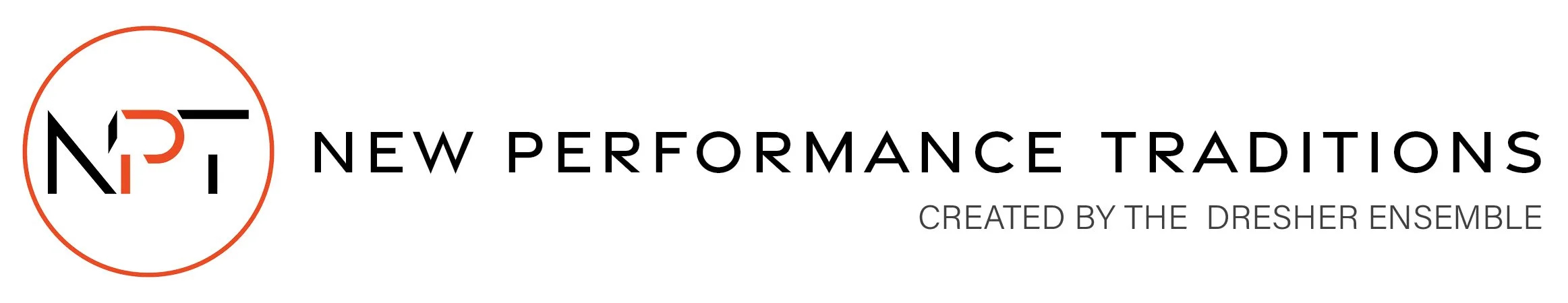 Logo for New Performance Traditions featuring black and red minimalistic design with the initials NPT and text 'Created by the Dresher Ensemble'.