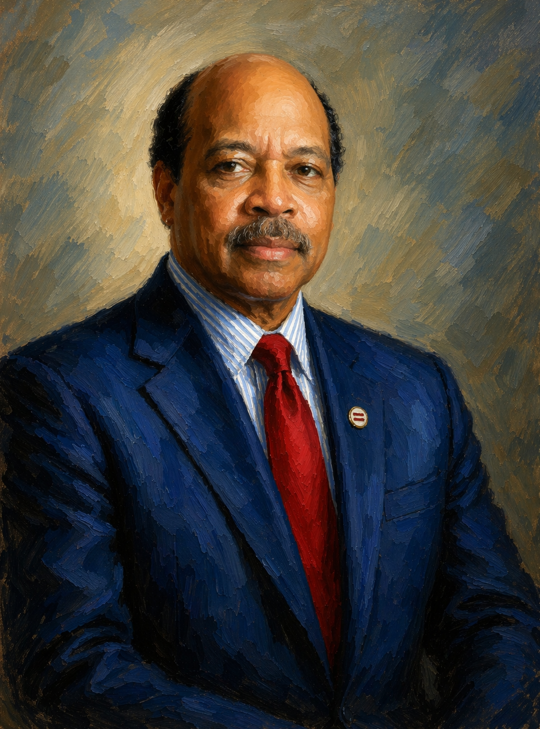 Painted portrait of a man with dark skin, mustache, and receding hair, wearing a blue suit, light blue striped shirt, and red tie, with a US Senate lapel pin on his suit.