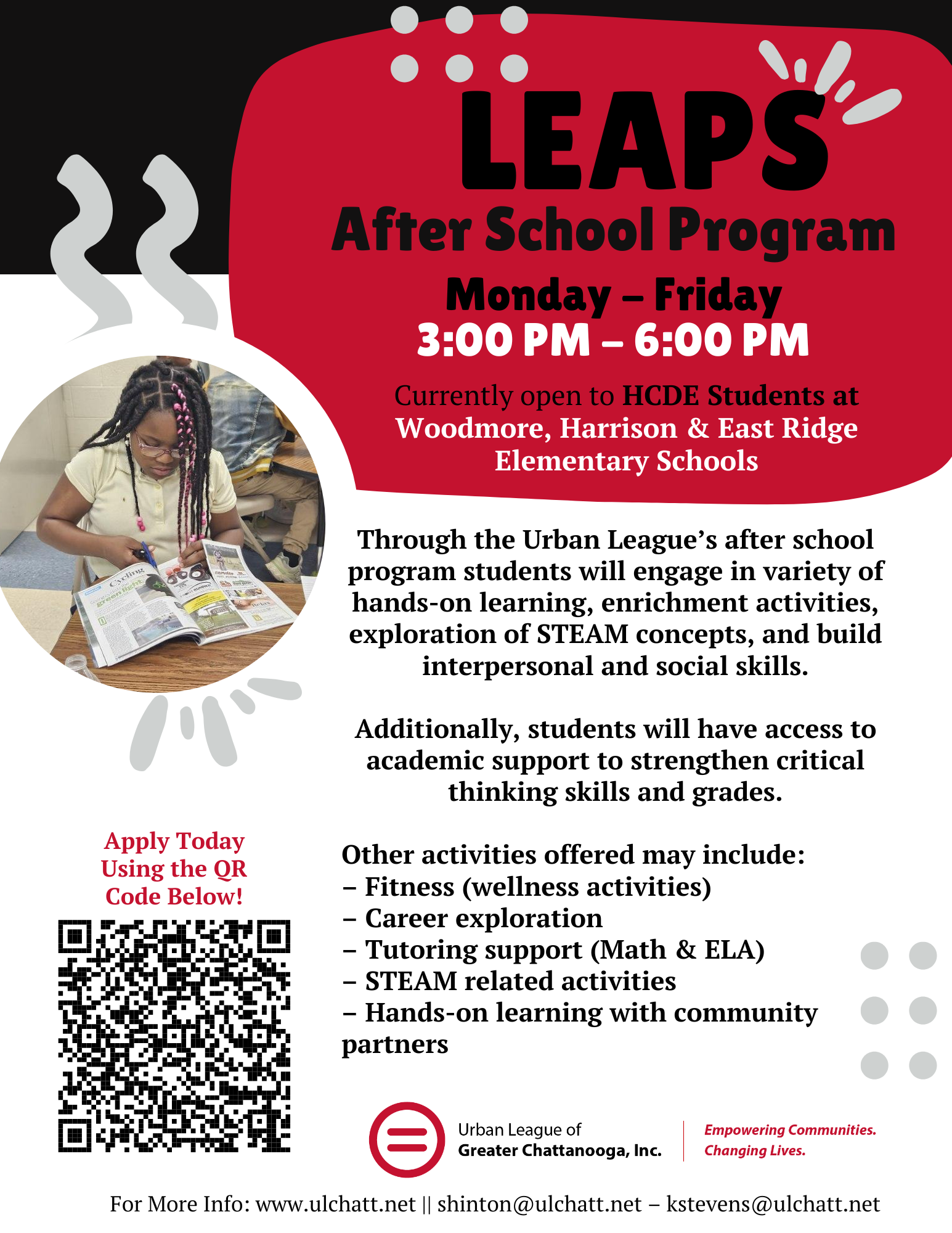 Flyer for LEAPs After School Program, available Monday to Friday from 3:00 PM to 6:00 PM, open to HCDE students at Woodmore, Harrison, and East Ridge Elementary Schools. Features a photo of a girl reading a magazine, and lists activities including hands-on learning, enrichment activities, STEAM exploration, academic support, fitness, career exploration, tutoring, and community engagement, with a QR code for application.