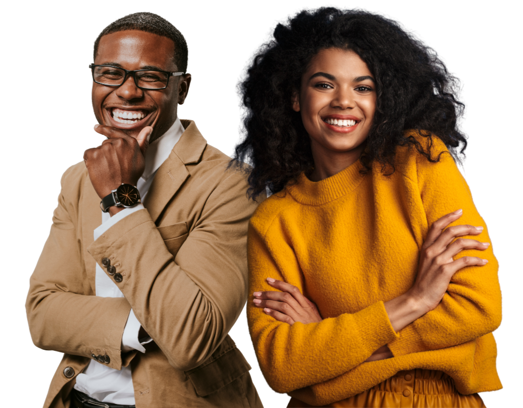 A smiling man wearing glasses, a tan blazer, and a watch, standing with a woman in a yellow sweater who is also smiling, both crossed arms.