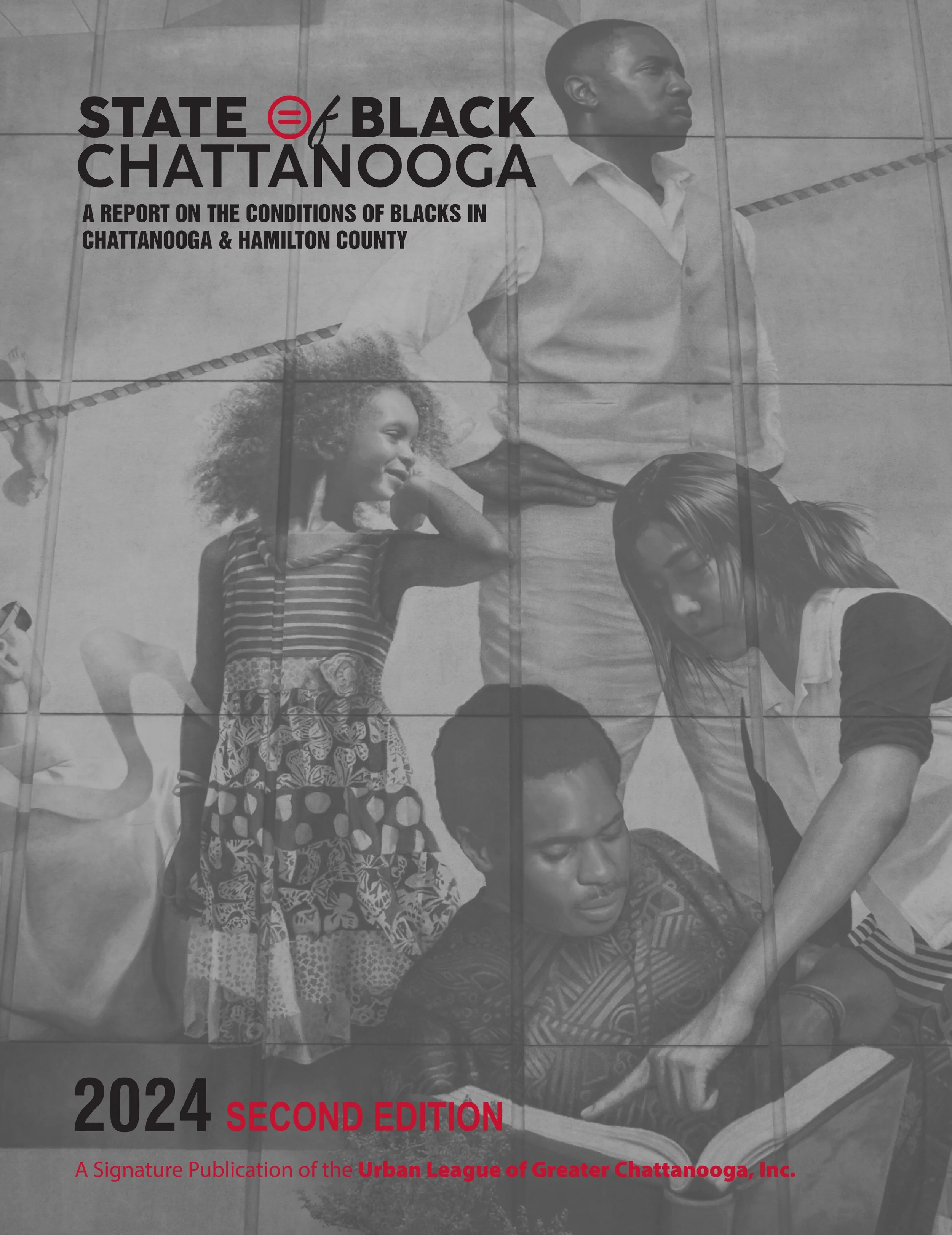 Cover page of the report titled 'State of Black Chattanooga', showing an African American man, a young girl, and a woman gathered around a book, with a background mural of other people.