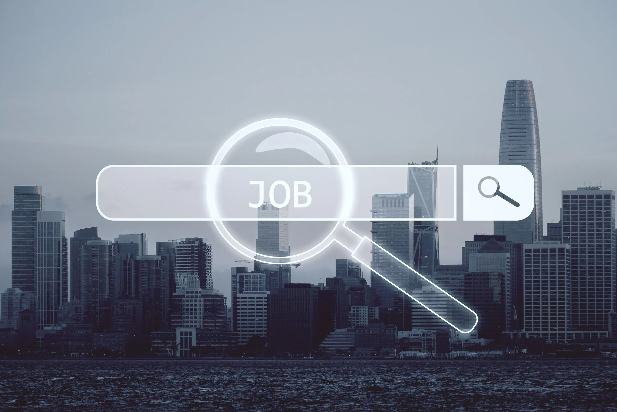 Job search bar with magnifying glass and city skyline in background