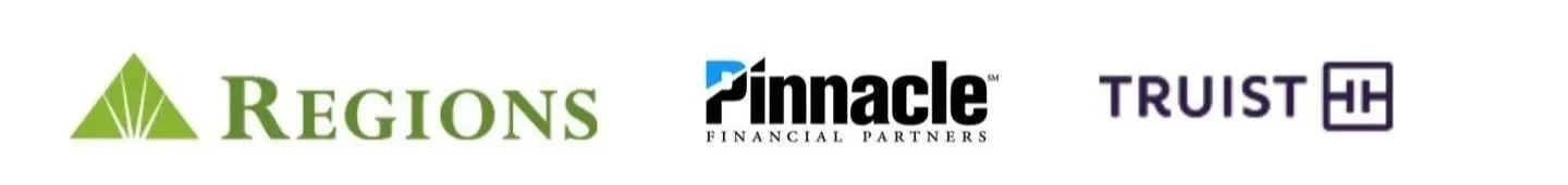 Logos of Regions, Pinnacle, and Truist financial companies