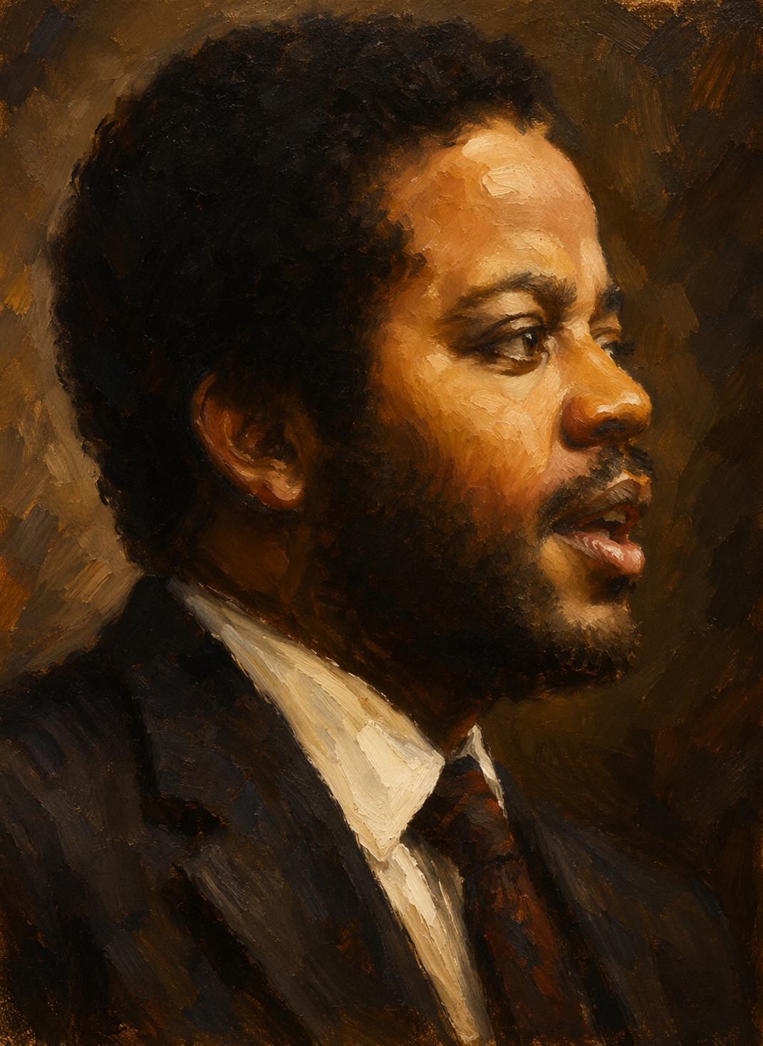 Portrait of a man with dark curly hair and a beard, wearing a dark suit and tie, in a painterly style.