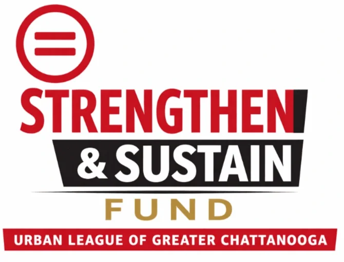 Logo for the 'Strengthen & Sustain Fund' by the Urban League of Greater Chattanooga, featuring a red and black icon and bold red, white, and gold text.
