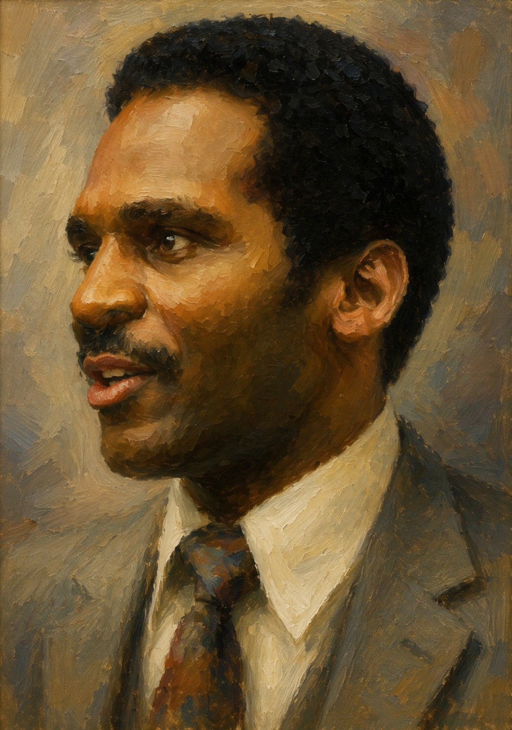 A painting of a man with dark, curly hair and a mustache, dressed in a beige suit, white shirt, and patterned tie, looking to the left.