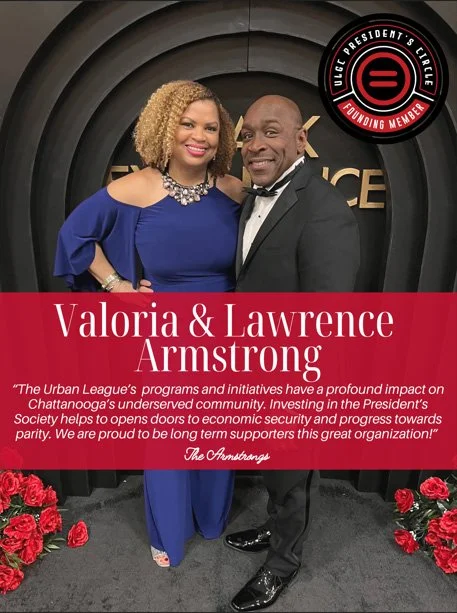 Valoria and Lawrence Armstrong posing together at an event, with a backdrop displaying their names and a quote about their support for the Urban League program and initiatives.
