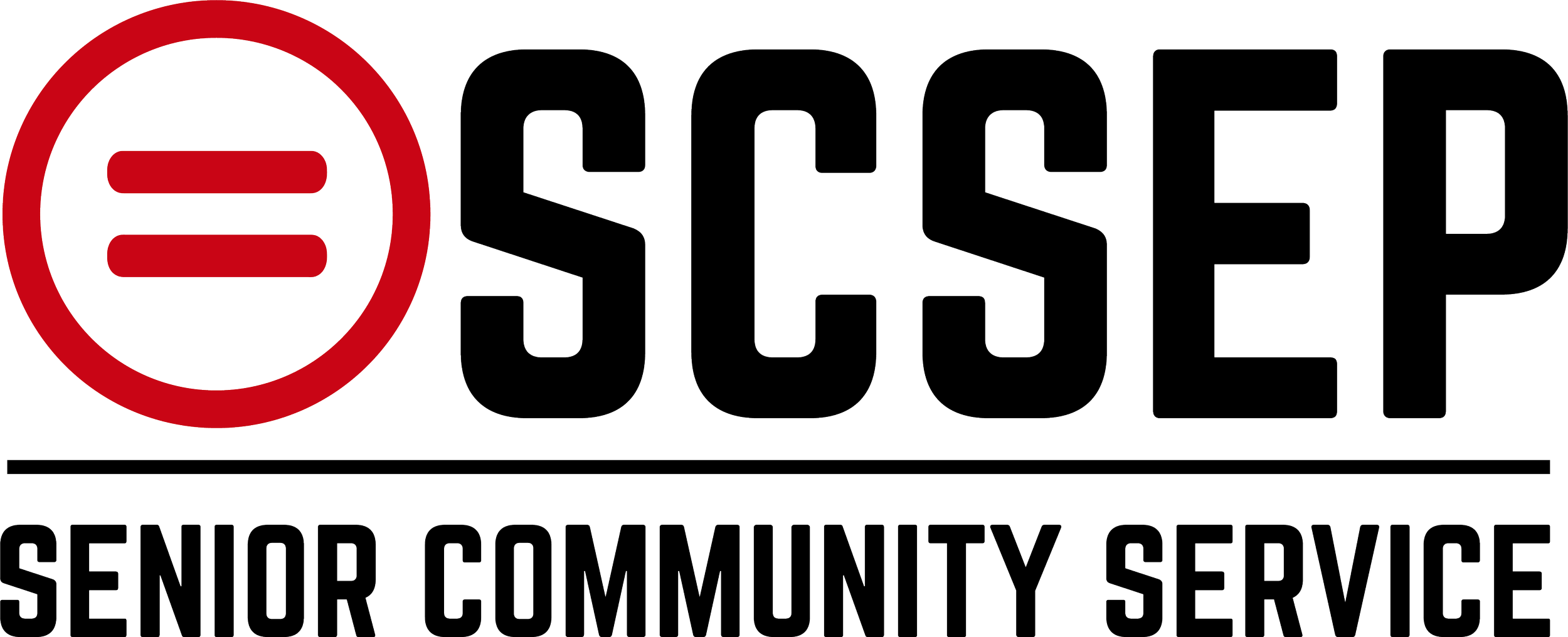 Logo for Senior Community Service Equal Status Organization with red circle and equal sign, and black text