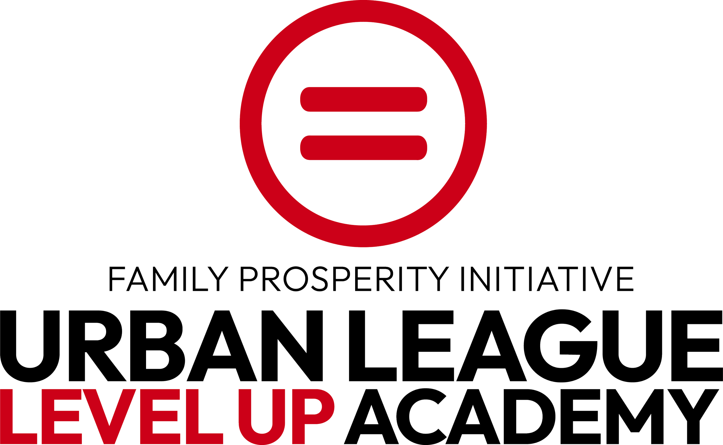 Logo for the Urban League Level Up Academy with red and black colors, featuring a circle emblem with two horizontal lines inside, and the text 'Family Prosperity Initiative' above and 'Urban League Level Up Academy' below.