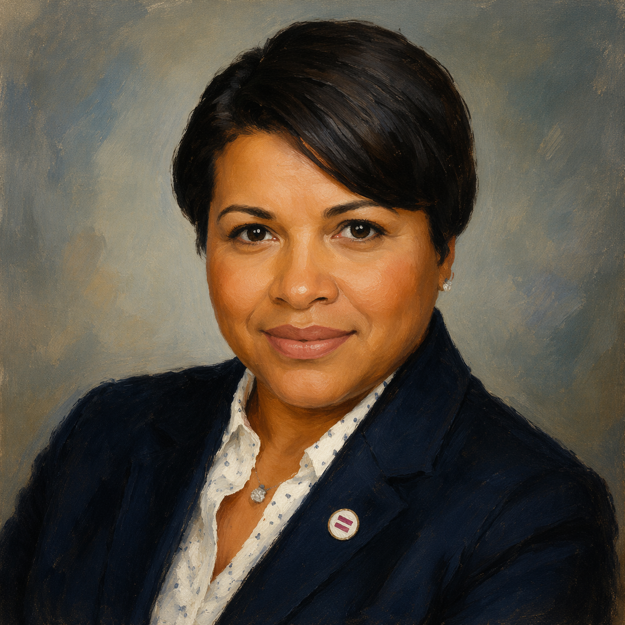 Portrait of a woman with short dark hair wearing a dark blazer, a white blouse, and jewelry, against a neutral background.
