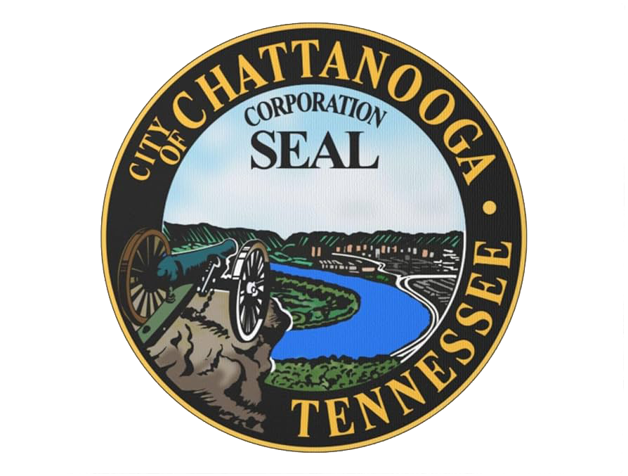 Seal of the City of Chattanooga, Tennessee, featuring a landscape with a river, hills, and a cannon.