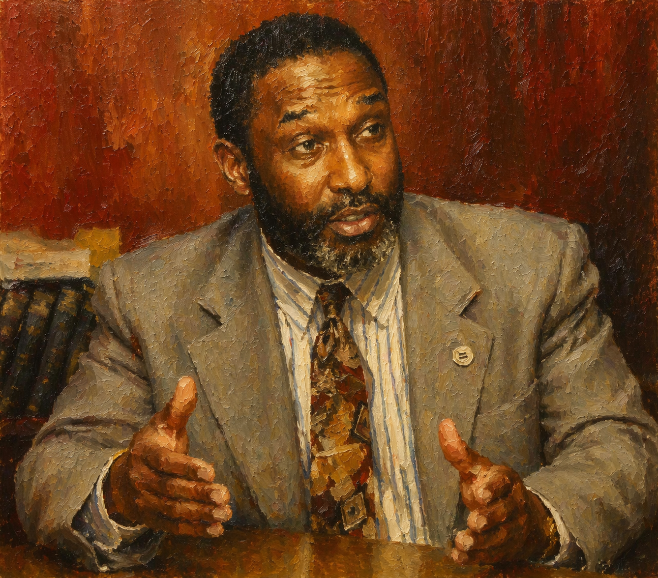 A painted portrait of a Black man with a beard, wearing a beige suit, a striped shirt, and a patterned tie, sitting at a table with a red background.