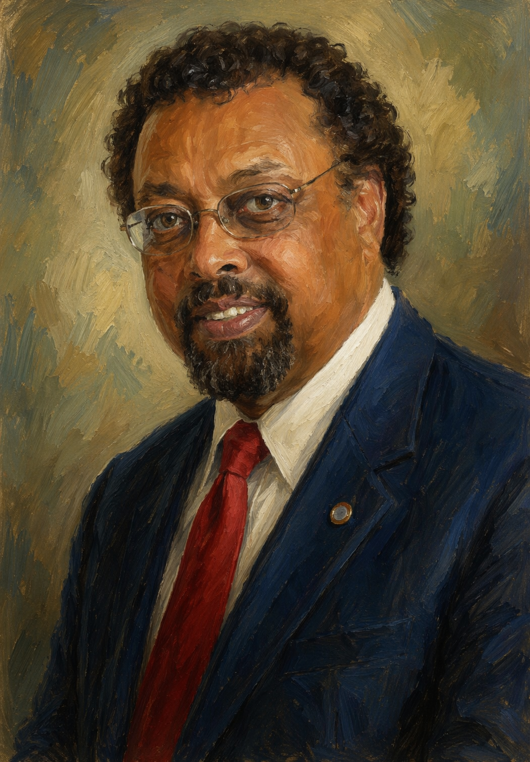 Portrait of a man with dark curly hair, glasses, a beard, wearing a navy suit, white shirt, red tie, and a lapel pin, against a textured background.