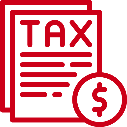 Red icon of a tax document with a dollar sign symbol in front