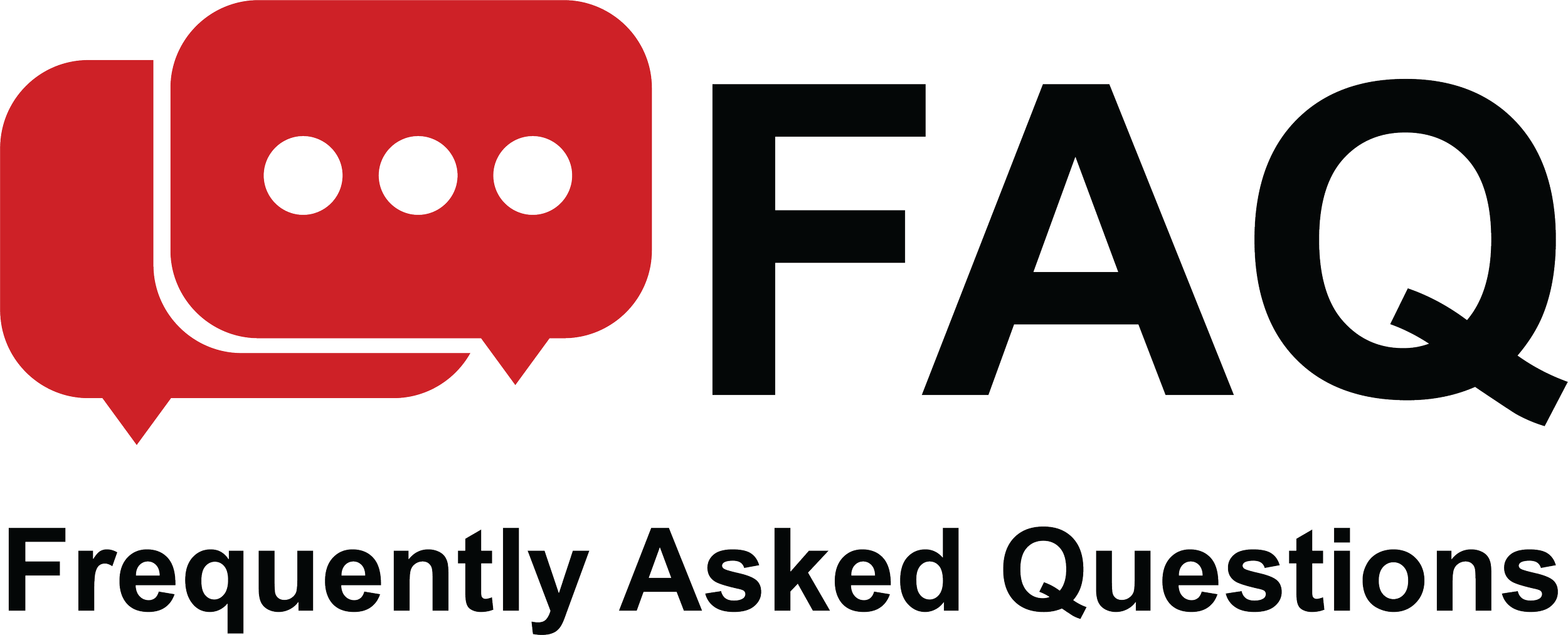 The logo for FAQ, featuring two red speech bubbles with three dots inside each, and the words 'FAQ' and 'Frequently Asked Questions' in black text.