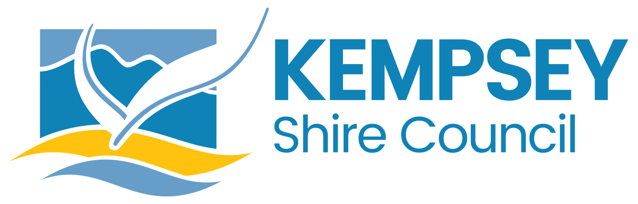 Kempsey Shire Council logo featuring stylized hills, water, and sky with blue and yellow colors.