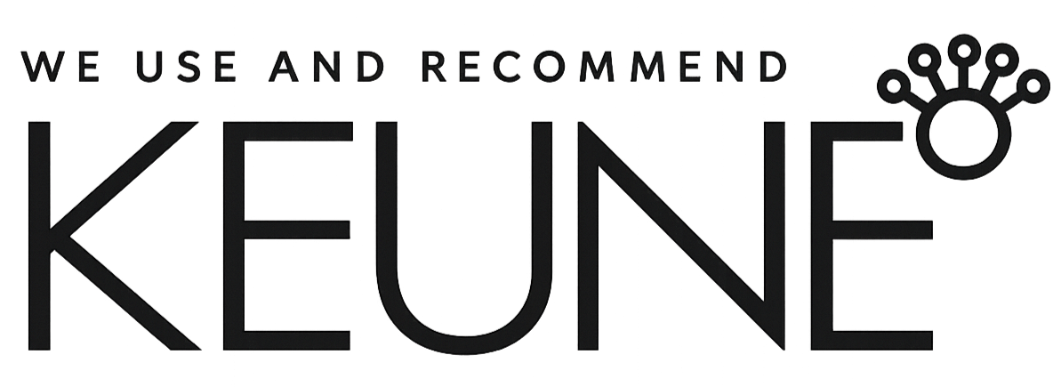 Text stating, "We use and recommend KEUNE" with a small hair graphic.