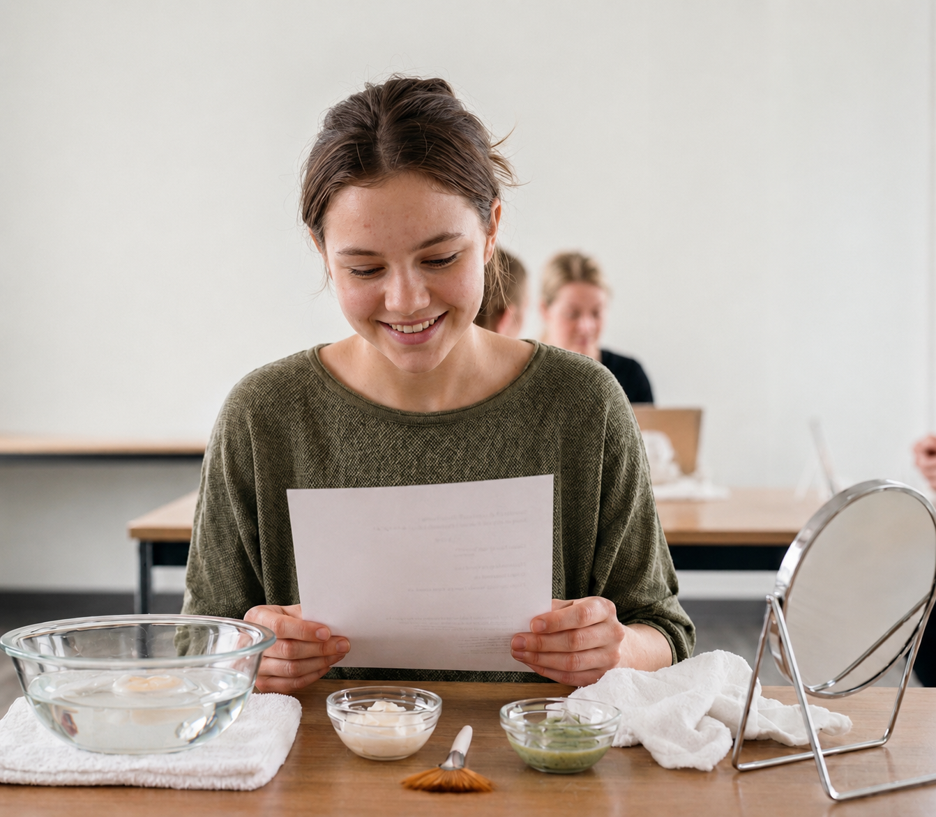 A young woman smiling while reading a paper at a table with various facial masks and skincare items, in a skincare or beauty class setting.