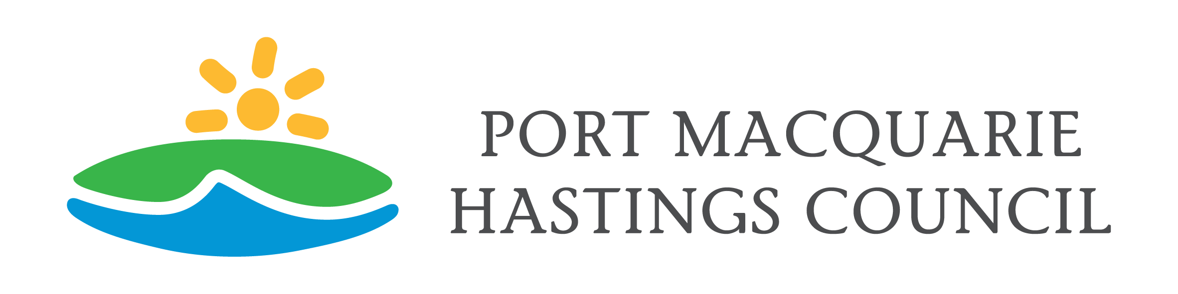 Logo of Port Macquarie Hastings Council featuring a sun, green land, and blue water with council text.