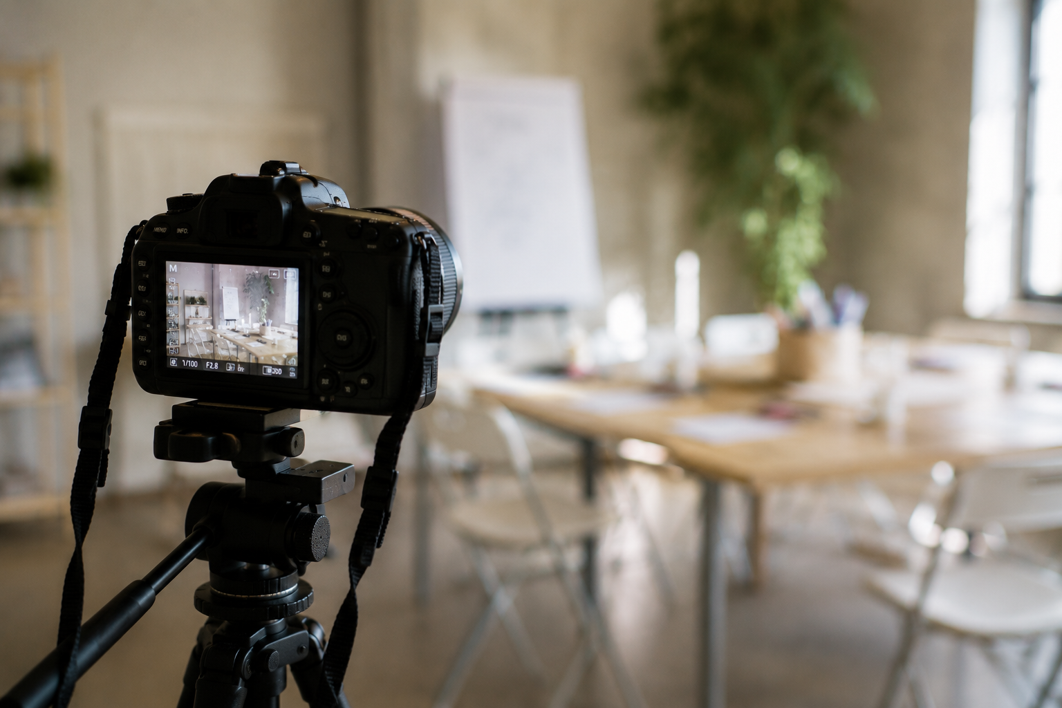 A camera on a tripod set up in a room with a wooden table, chairs, and a whiteboard in the background.