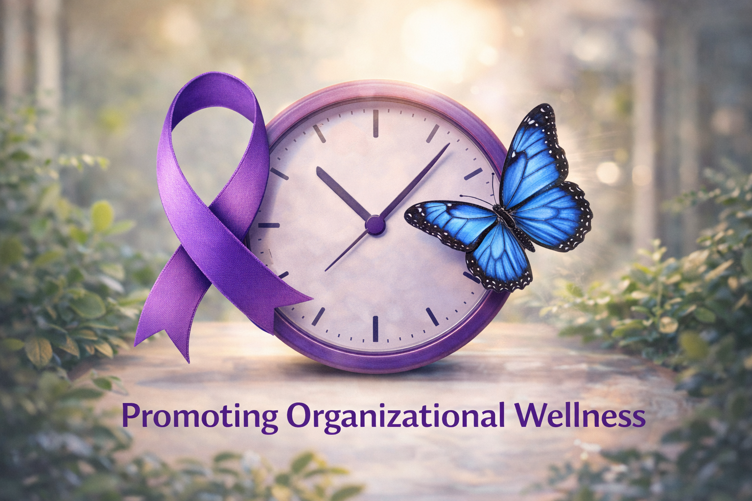 A purple clock with a purple awareness ribbon and a blue butterfly, with the text 'Promoting Organizational Wellness' below.