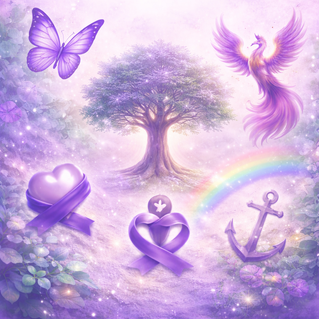 A magical, pastel-colored scene with a large purple tree at the center, surrounded by a purple butterfly, a phoenix with vibrant purple and pink feathers, purple heart and peace symbols, an anchor, and a rainbow. The scene is filled with glowing sparkles and purple foliage.