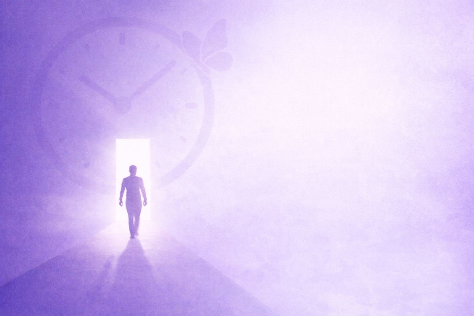 A silhouette of a person walking through a doorway illuminated with bright white light, with a large clock face in the background and a faint purple hue throughout the scene.