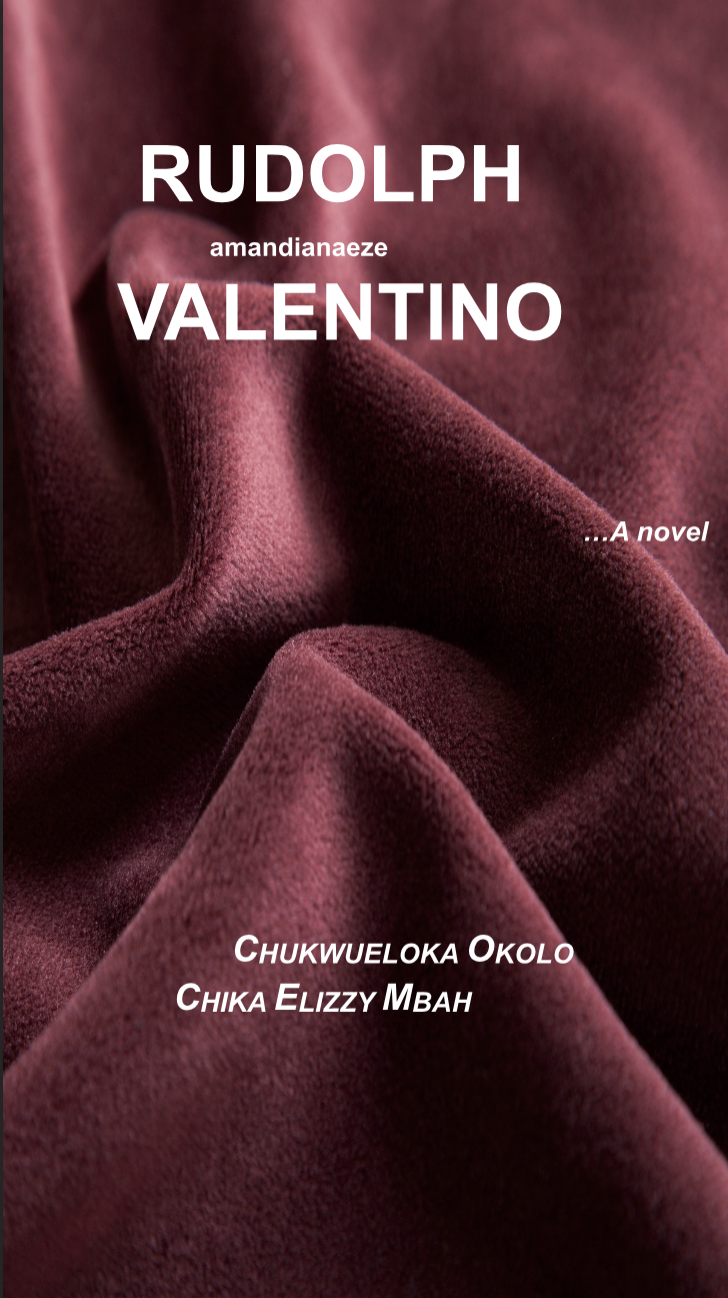 Cover image of a novel titled 'Rudolph Valentino' with a close-up of burgundy fabric with folds.