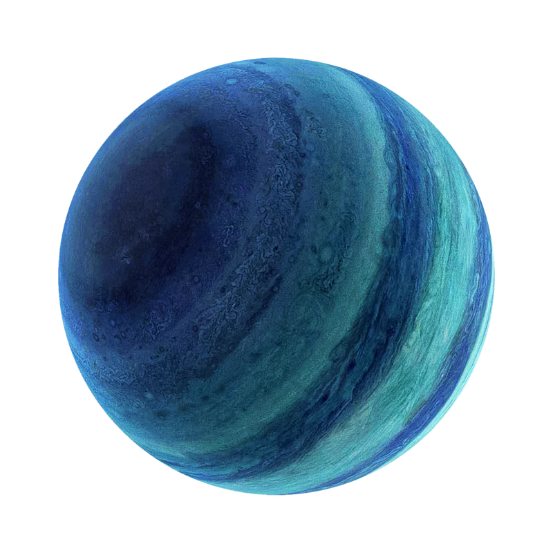 A detailed, colorful illustration of the planet Neptune with blue and green hues.