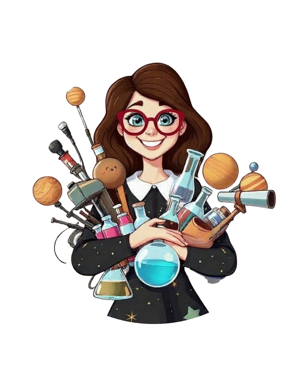 Cartoon girl with glasses surrounded by lab equipment and planets.