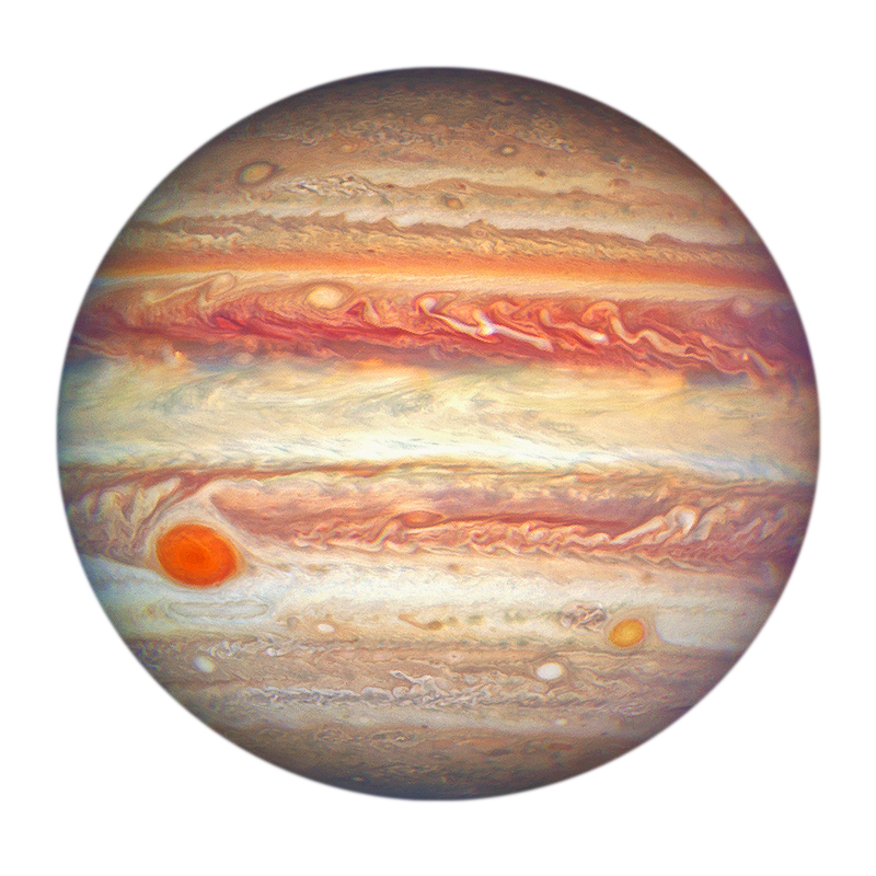 Close-up of the planet Jupiter showing swirling clouds, vibrant bands, and prominent storms including the Great Red Spot.