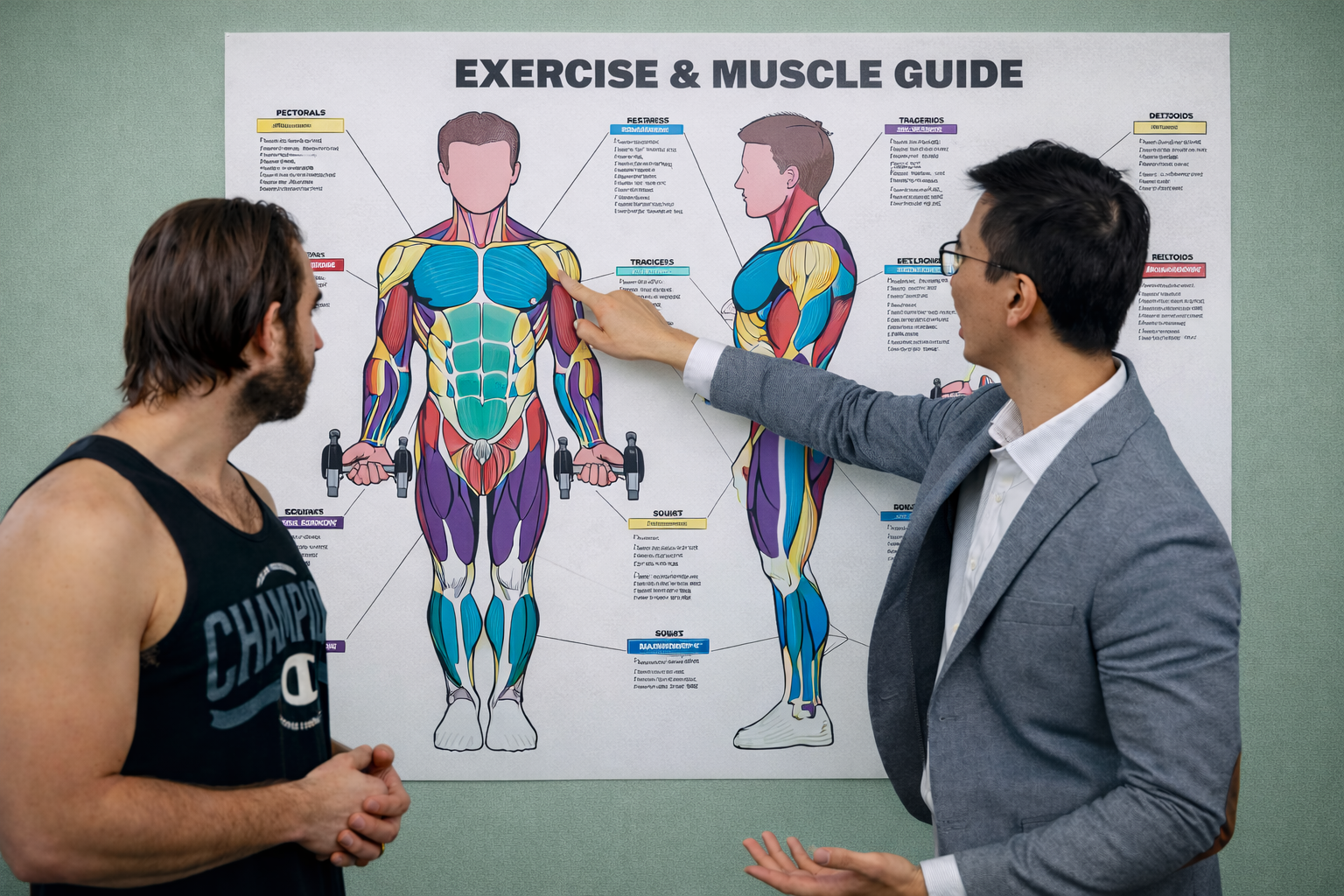 Physiotherapist Ivan Lam explaining muscle anatomy and injury rehabilitation plan to patient at clinics in Ringwood, and Glen Waverley. 