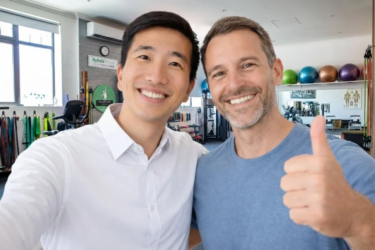 Physiotherapy session in Melbourne’s eastern suburbs – patient satisfied after treatment for neck and back pain in Glen Waverley clinic.