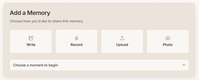 My Life Story memory capture options for writing, recording, uploading, or adding a photo.