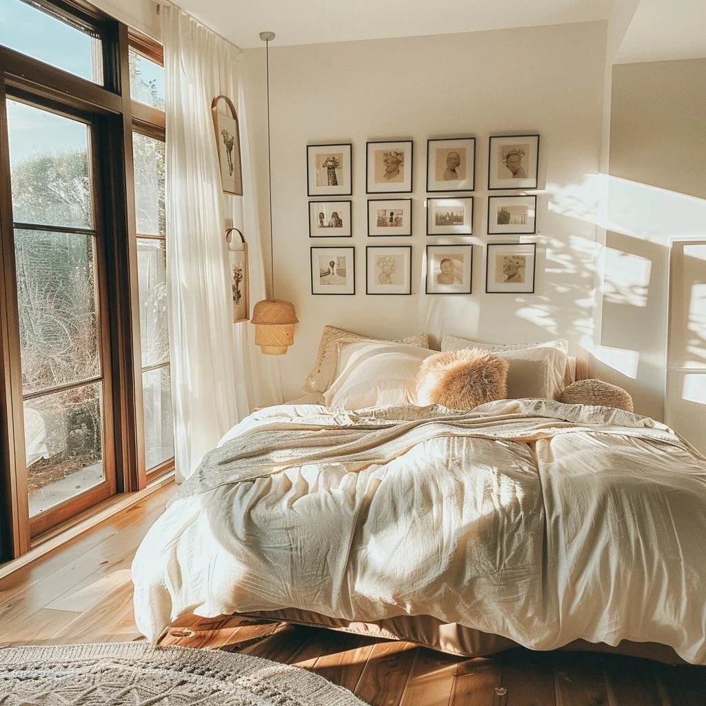 Quiet bedroom filled with warm morning sunlight
