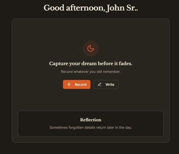 My Dream Journal capture screen in Night Mode with record and write options