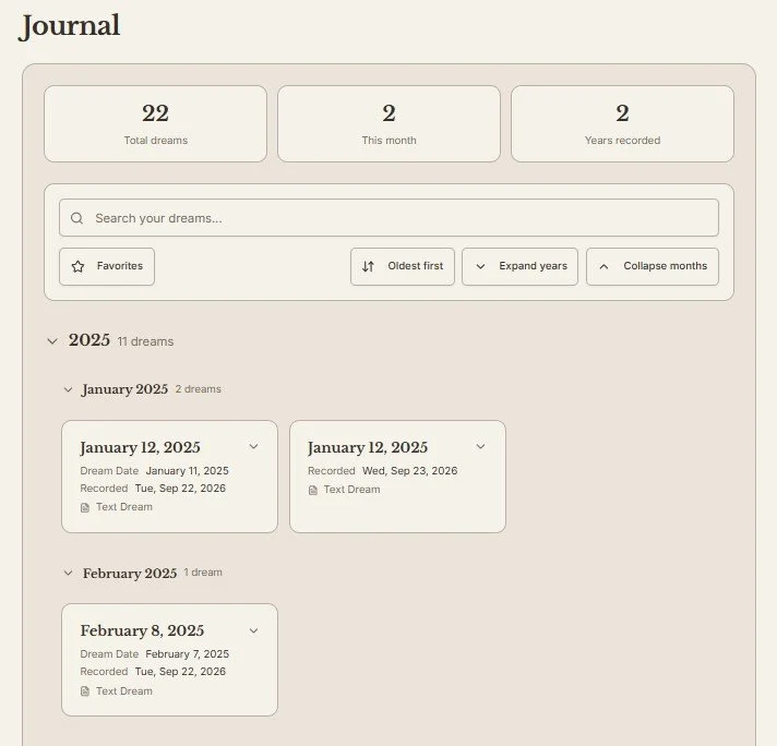 My Dream Journal journal view with search, favorites and saved dream entries