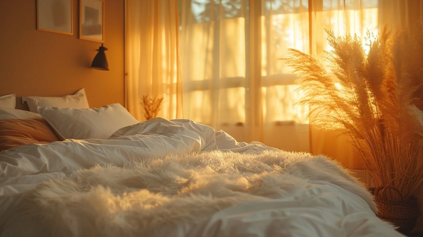 Quiet unmade bed illuminated by warm morning sunlight