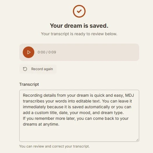 My Dream Journal showing a saved voice recording and dream transcript