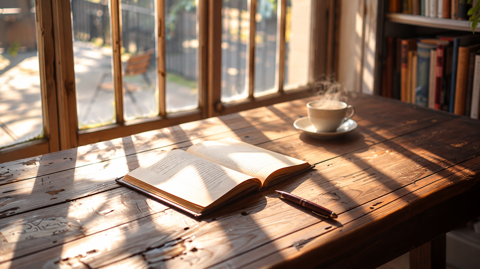 Open journal and pen on a wooden table in warm morning light