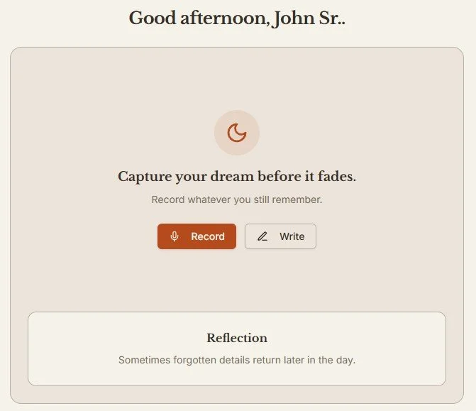 My Dream Journal capture screen with options to record or write a dream