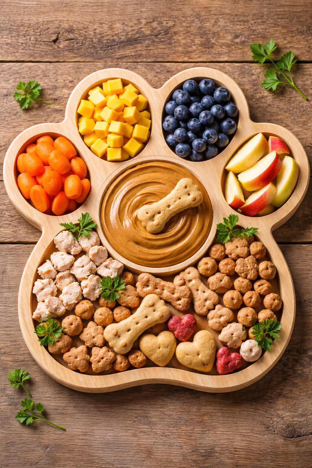 A wooden pet treat platter with various dog treats, dog biscuits, and cheese cubes, arranged around a central compartment of peanut butter with a dog biscuit on top, on a wooden surface.