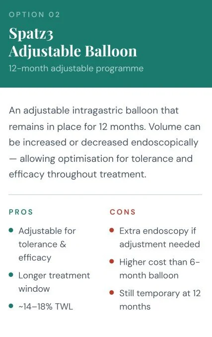 Information about the Spatz3 Adjustable Balloon, a 12-month intrasgastric balloon for weight loss, including its pros and cons.