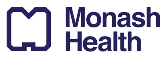 Monash Health logo with a stylized M and H in dark blue next to the text 'Monash Health'.