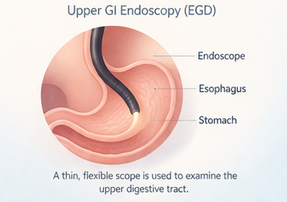 Diagram of upper GI endoscopy showing the endoscope inserted through the esophagus into the stomach, with labels for the endoscope, esophagus, and stomach.