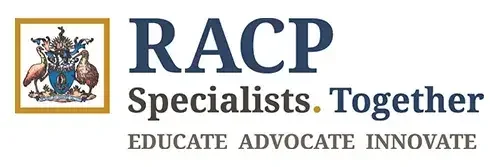 RACP logo with a crest featuring a lion and an eagle, and the words 'RACP Specialists. Together' with the tagline 'Educate Advocate Innovate'.